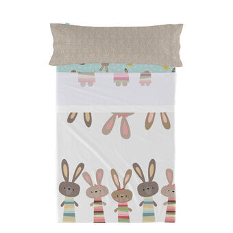 Set beddengoed HappyFriday Moshi Moshi Rabbit family Multicolour Bed van 80/90 2 Onderdelen