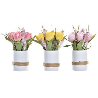 Decoratieve Bloemen DKD Home Decor Vaas Keramisch Roze Stof Fuchsia Wit Geel Tulp (18 x 18 x 26 cm) (3 Stuks)