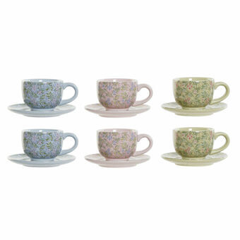 Set van koffiekopjes DKD Home Decor Blauw Roze Metaal Groen Blommor Dolomite (6 pcs) (180 ml) (14 x 14 x 7 cm)