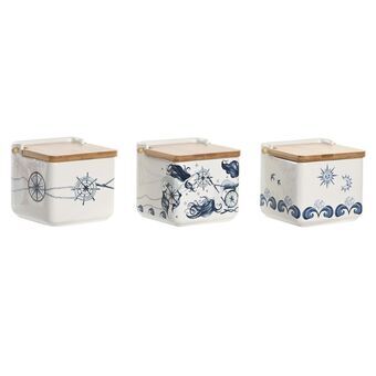 Zoutvaatje met deksel DKD Home Decor Blauw Wit Dolomite (12,5 x 12,5 x 12 cm) (750 ml) (3 Stuks)