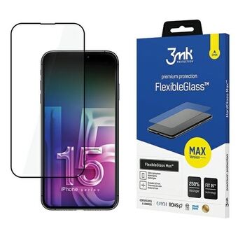 3MK FlexibleGlass Max iPhone 15 Plus 6.7" zwart, hybride glas met versterkte randen.