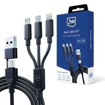 3MK Hyper Kabel 3-in-1 USB-A/USB-C - USB-C/Micro/Lightning 1.5m Zwart/Kabel