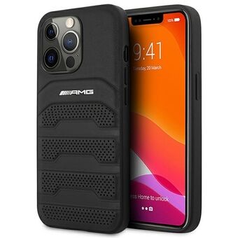 AMG AMHCP14LGSEBK iPhone 14 Pro 6,1" zwart zwart hardcase lederen hoesje met reliëflijnen.