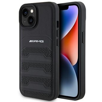 AMG AMHCP15SGSEBK iPhone 15 6,1" zwart hardcase leren hoesje met reliëflijnen.