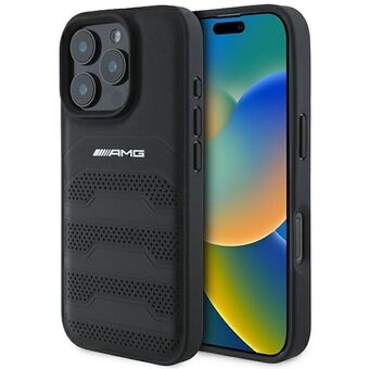 AMG AMHCP16LGSEBK iPhone 16 Pro  6.3" zwart/black harde hoes Leren Gedeclipseerde Lijnen Zwart Logo