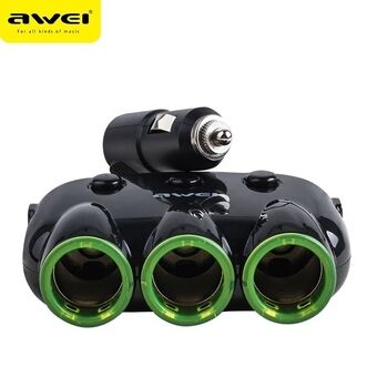 AWEI auto splitter C-35 met 3 sigarettenaanstekerpoorten 12V + 2 USB, zwarte splitter