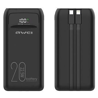 AWEI PowerBank P169K 20000mAh 22.5W zwart/black display + kabels PD/Lightning