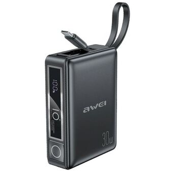 AWEI PowerBank met ingebouwde kabel P87K 10000mAh zwart/black 30W