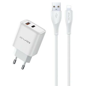 AWEI lader voor het netwerk PD81L-EU 22.5W + USB-kabel + Lightning wit/witte GaN