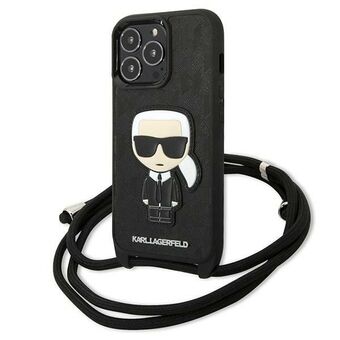 Karl Lagerfeld KLHCP13LCMNIPK iPhone 13 Pro / 13 6.1" hardcase zwart / zwart Leren monogram patch en koord Iconisch