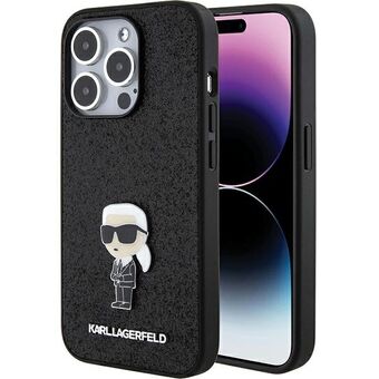 Karl Lagerfeld KLHCP15XGKNPSK iPhone 15 Pro Max 6.7" zwart hardcase met vaste glitter Ikonik-logo metalen pin.