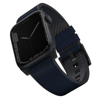 UNIQ riem voor Apple Watch Series 1/2/3/4/5/6/7/8/9/SE/SE2/Ultra/Ultra 2 42/44/45/49mm. Leren hybride band in de kleur blauw.