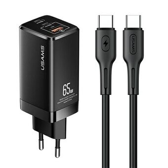 USAMS Ład. siec. MT 2xUSB-C+USB GaN 65W T33 PD + kabel USB-C-USB-C 100W Snelladen zwart/black MTXLOGTC01