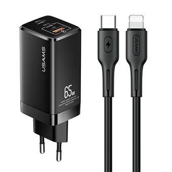 USAMS-bestuur. netwerk. MT 2xUSB-C + USB GaN 65W T33 PD + USB-C-Lightning 30W snellaadkabel zwart/zwart MTXLOGTL01