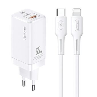 USAMS Ład. siec. MT 2xUSB-C+USB GaN 65W T33 PD + kabel USB-C-Lightning 30W Snel Opladen wit/white MTXLOGTL02