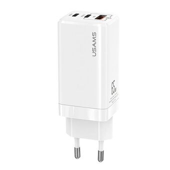 USAMS oplader. muur. MT 2xUSB-C+USB GaN 65W T33 PD (alleen hoofd) Snelladen wit CC110TC02 (US-CC110)