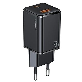 USAMS Wandlader 1xUSB-C+1xUSB T43 33W (alleen hoofd) PD3.0 +QC3.0 Snel Opladen zwart/black CC144TC01 (US-CC144)