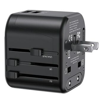 USAMS Adapter siec. 2xUSB T55 12W 4in1 US/AU/EU/UK zwart/black CC173TC01 (US-CC173) Universele Reislader