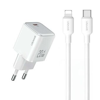 USAMS Oplader. netvoeding. 1xUSB-C PD20W PD3.0 Snelladen US-CC183 + USB-C/Lightning-kabel US-SJ610 wit YX-serie YXXLOGTC03