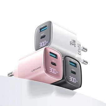 USAMS Ład. siec. CC229 30W GaN USB-C/USB-A Snellader XC-serie roze/pink CC229TC03