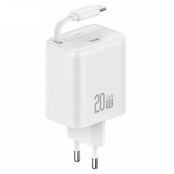 USAMS Ład. siec. 1xUSB-C met intrekbare USB-C kabel PD+QC 20W Gan Snellader wit/wit YC Serie CC233TC02 (US-CC233)