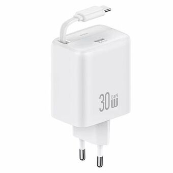 USAMS netstroomadapter 1xUSB-C met oprolbare USB-C kabel Retractable PD+QC 30W Gan Snelopladen wit YC-serie CC241TC02 (US-CC241)