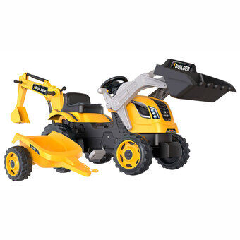 Smoby Builder Max Graafmachine Traptractor met Aanhangwagen Geel