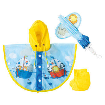 Poppen regenponcho met paraplu en laarzen, 35-45 cm