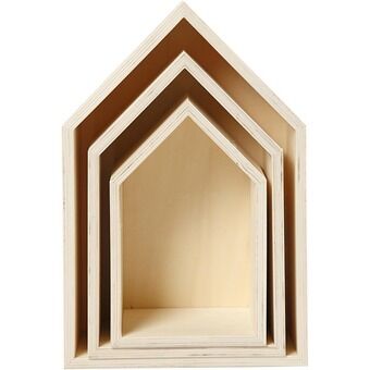 Houten huizen met ophanghaak, 3 stuks.