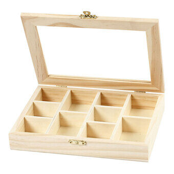 Wooden Box with Glass Lid and 10 Compartments