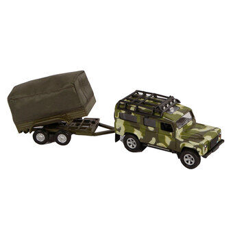 Kinderglobe die-cast Land Rover met aanhanger leger, 27 cm