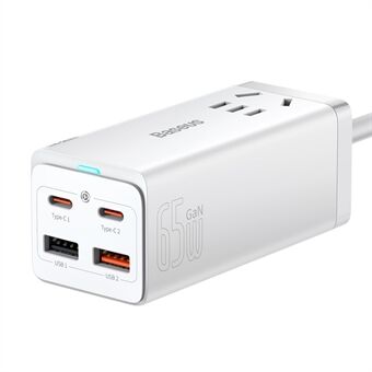 BASEUS GaN3 Pro Desktop Powerstrip AC+2 USB+2 Type-C Poorten 65W CN Stekker Stroomstrip met 1m Type-C naar Type-C Kabel - Wit