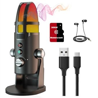 Computer Condenser Microphone with 3m Wired Earphone Metal RGB Light Microphone Built-in Sound Card for PS4 Live Streaming Recording (PC Version + 32G Memory Card)