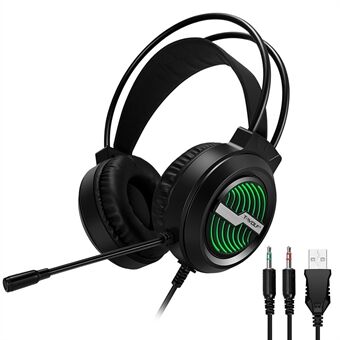 T-WOLF H130 Gaming Headset met kleurrijke licht-/ruisonderdrukkende microfoon Bekabelde lichtgewicht hoofdtelefoon, rekbare hoofdtelefoon met 3,5 mm laptopaansluiting