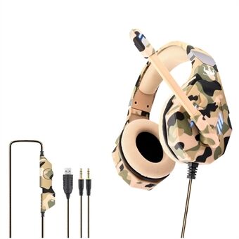 OVLENG GT94 Camouflage-stijl bedrade gaming-headset Over-ear E-sport-hoofdtelefoon USB + 2x3.5mm LED-verlichting Headset met ruisonderdrukkende microfoon