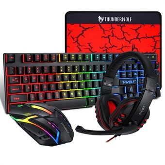 T-WOLF TF800 Gaming toetsenbord + Muis + Gaming Headset + Muismat combo LED-achtergrondverlichting bedrade gamer bundel voor gamen/werken.