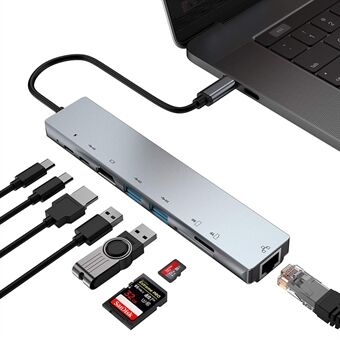 WC7367 8 in 1 USB-C HUB Multifunctionele SD/TF-kaartlezer HDMI RJ45 USB PD Type-C dockingstationconverter