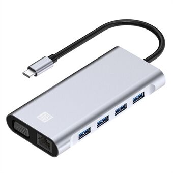 JUNSUNMAY JSM-HUB019 Multi-Port Adapter 11-in-1 Type-C Hub naar 4K HD Video Output+87W PD Port+VGA+2xCard Reader Slots+USB 3.0+3xUSB 2.0+RJ45+3.5mm Aux Port