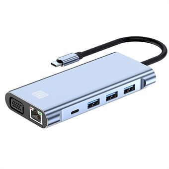 JUNSUNMAY JSM-HUB020 10-in-1 Type-C multipoort-adapterhub naar 4K HD-video-uitgang+87W PD-poort+VGA+2xkaartlezersleuven+USB 3.0+2xUSB 2.0+RJ45+3,5 mm Aux-poort