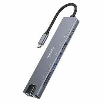 YESIDO HB27 8-in-1 USB Hub Dockingstation Type-C naar 2xUSB3.0 + USB-C3.0 Data + PD 100W + RJ45 + SD / TF + 4K HD Adapter