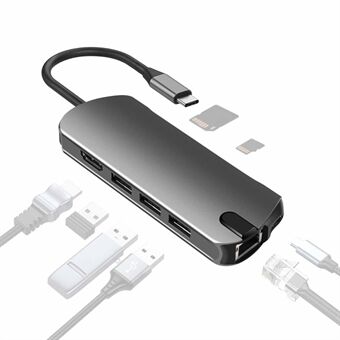 FX-1916 Type-C HUB 8 in 1 USB-C Adapter met 4K@30Hz HDMI  /  100W PD USB C Poort  /  USB 3.0  /  RJ45 Ethernet  /  SD  /  TF Kaartlezer Docking Station