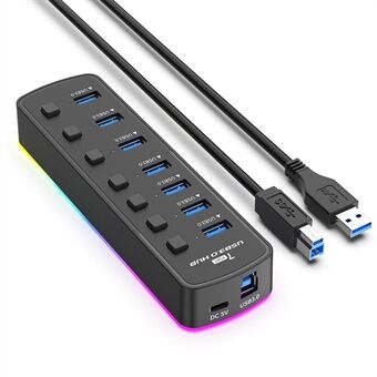 U307 7-poorts USB 3.0 Hub Splitter met Individuele Schakelaars en 14 RGB-verlichtingsmodi voor Computer TV