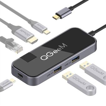 QGEEM UH06-1 USB C-hub met 2xUSB 3.0-poorten + resolutie HD-videopoort + Gigabit Ethernet-poort + PD-oplaadpoort + SuperSpeed Type C-poort