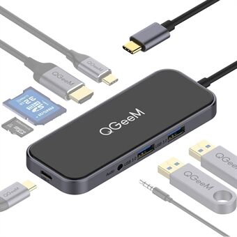 QGEEM UH08-2 8-poorts USB C-hub Glass Surface Type C tot 4K resolutie HD-videoadapter + 100 W PD + geheugenkaartsleuven + 3,5 mm audiopoort + 2xUSB 3.0-poorten + Type C-poort Compatibel voor laptops en andere Type C-apparaten