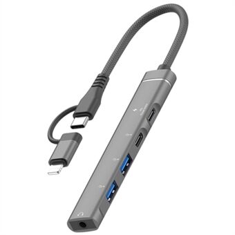 Type-C / 8-Pin 5-in-1 USB Hub Type-C Opladen + Type-C Data + 2xUSB + 3.5mm Hoofdtelefoonaansluiting Adapter