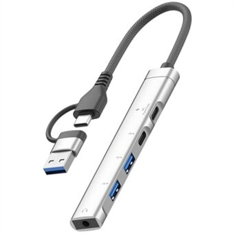 Type-C / USB-A 5-in-1 USB Hub Type-C Opladen + Type-C Data + 2xUSB + 3,5mm Headset Jack Adapter