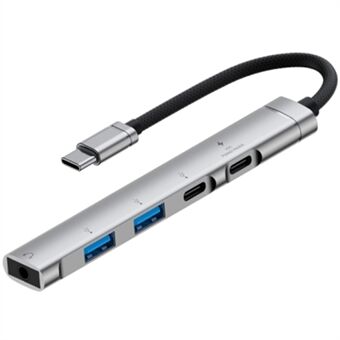 5-in-1 USB Hub Type-C naar Type-C Opladen + Type-C Gegevens + 2 X USB2.0 + 3,5mm Koptelefoonaansluiting Adapter