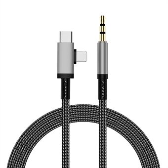 iP + Type-C 2-in-1 Autogeluidkabel 1m Plug and Play Nylon Gevlochten Draad met 3.5mm Jack