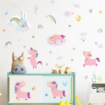 HY4020 4 stks / set Cartoon Roze Paard met Regenbogen Muurstickers DIY Muurschilderingen Decor voor Kids Meisje Slaapkamer Muurstickers (Geen EN71 Certificering)