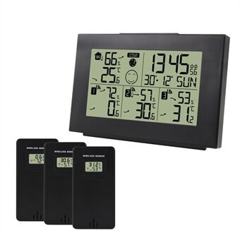 ZX3551D Weerstationklok met digitaal display met 3 draadloze sensoren, temperatuur-/vochtigheidsmeterklok Multifunctionele wekker (geen batterij)